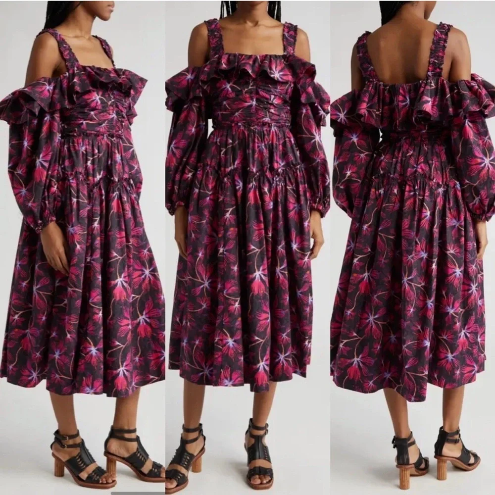 Ulla Johnson | NWT Caprice Floral Cotton Off-Shoulder Zinnia Midi Dress- Size 0 - Picture 2 of 15